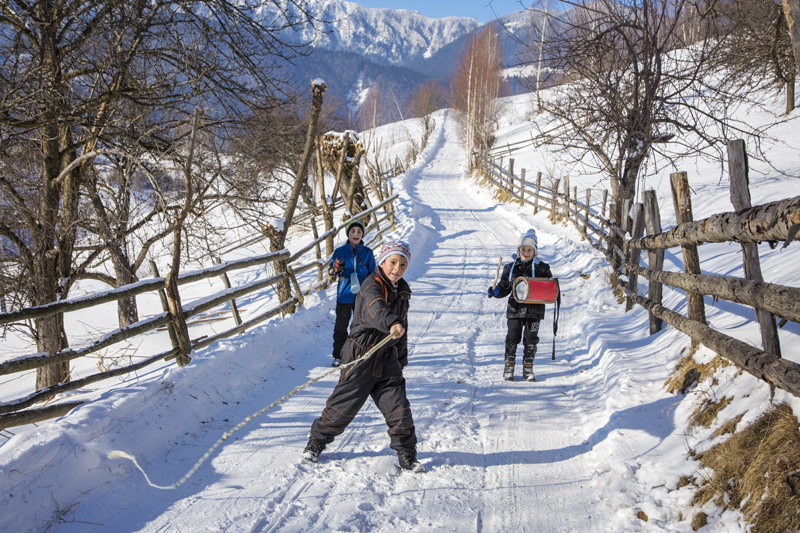 Three winter carolers on a snow-covered lane framed by wooden fences and bare trees