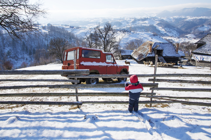 A person beside a wooden fence in the snow, with a red vehicle and village houses beyond
